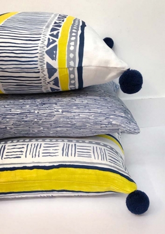 Savannah Stripe Navy Slate Yellow and Echo Slate Pillows